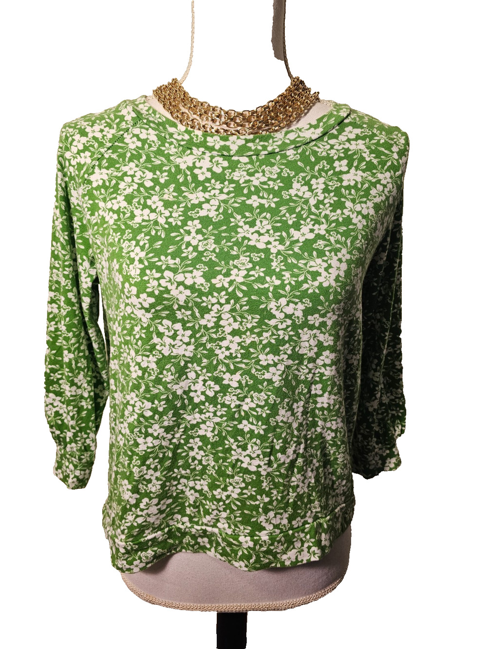 Amour Vert Womens Green Floral Tee Shirt 3/4 Sleeve Soft Cotton Size Small